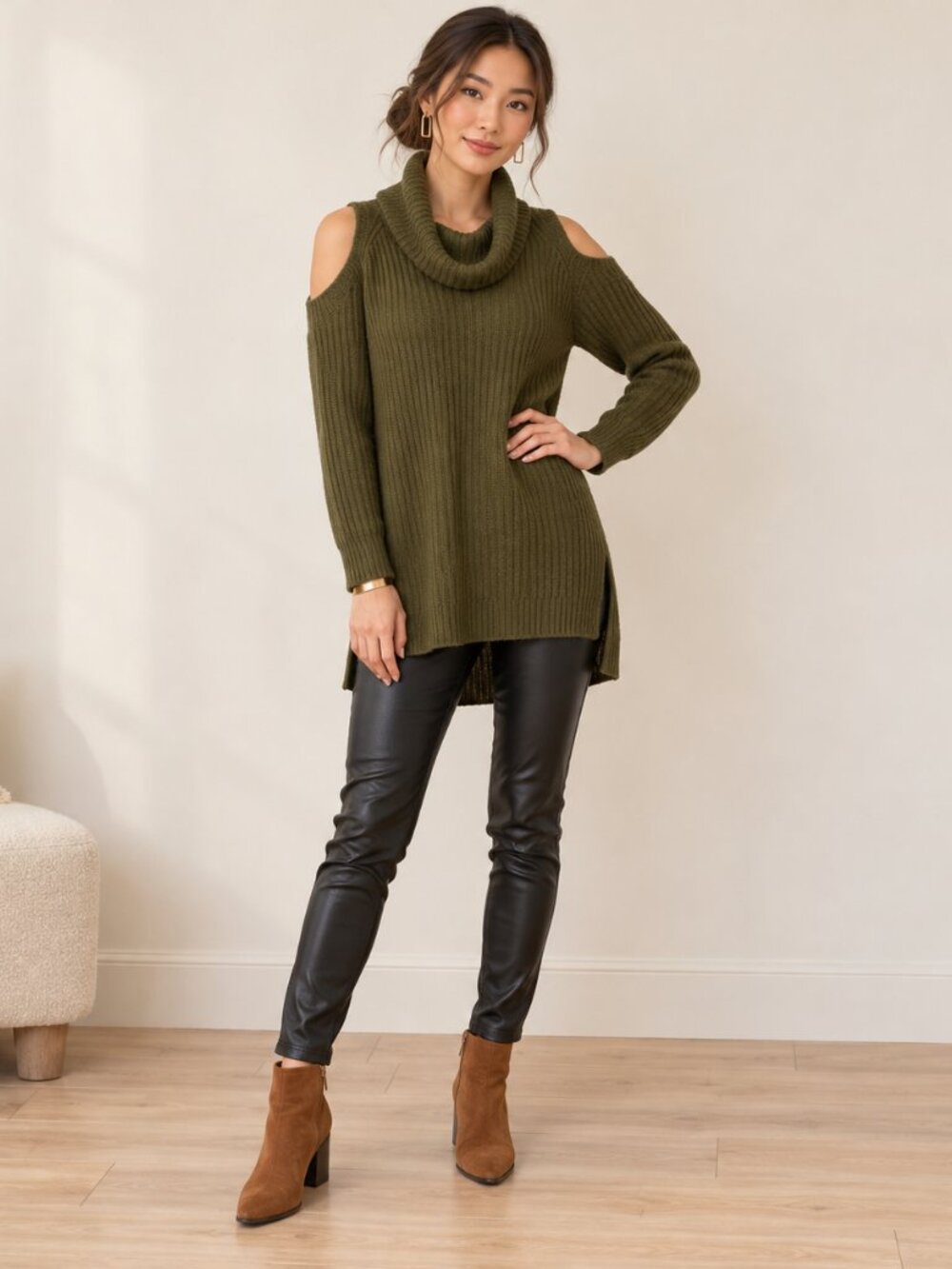 Forever  21 sweater green cold shoulder SZ L hi-lo EUC cowl neck turtleneck